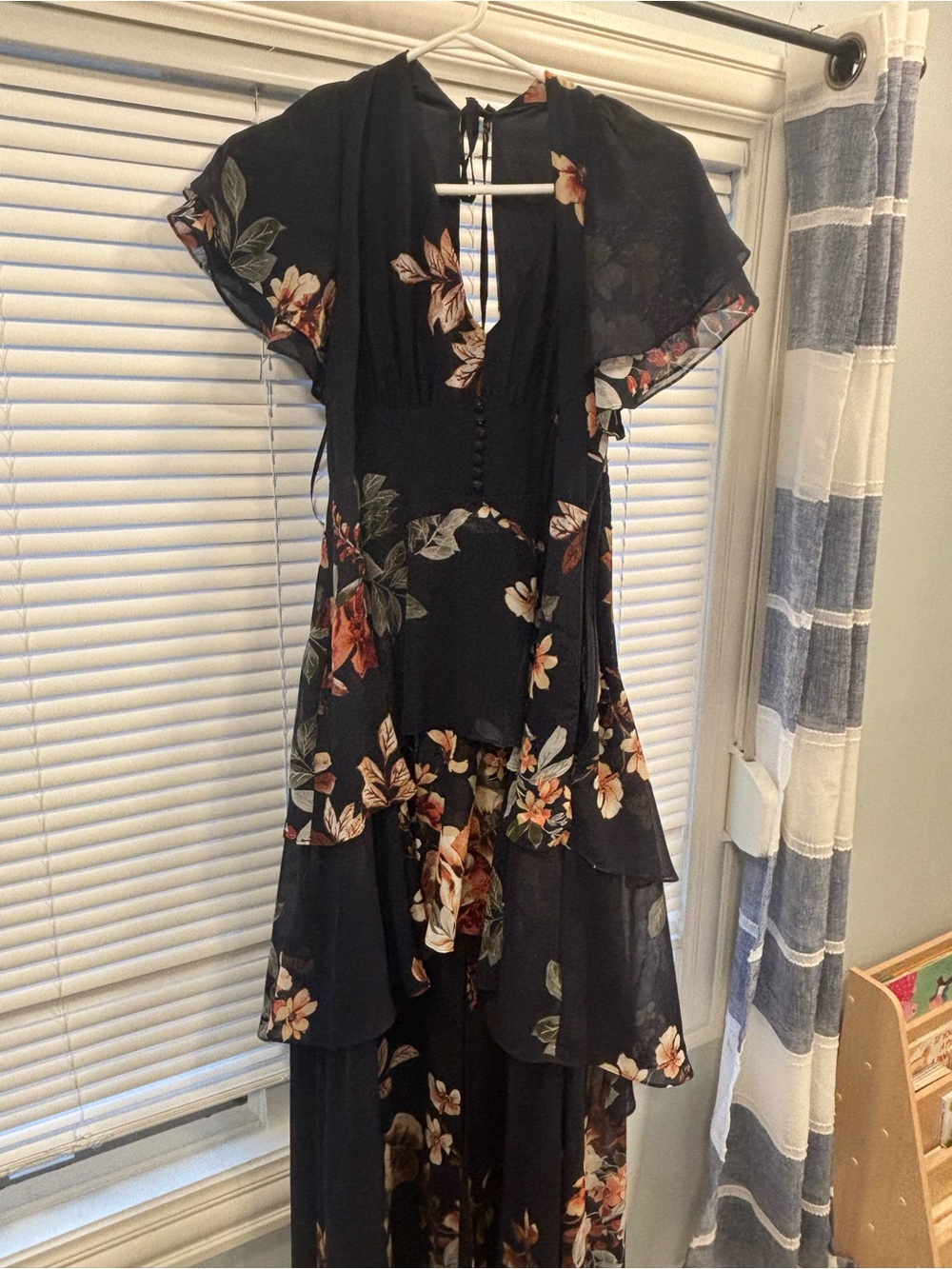 Lulu's Navy Floral Tiered Maxi Dress with Rust and Cream Blooms